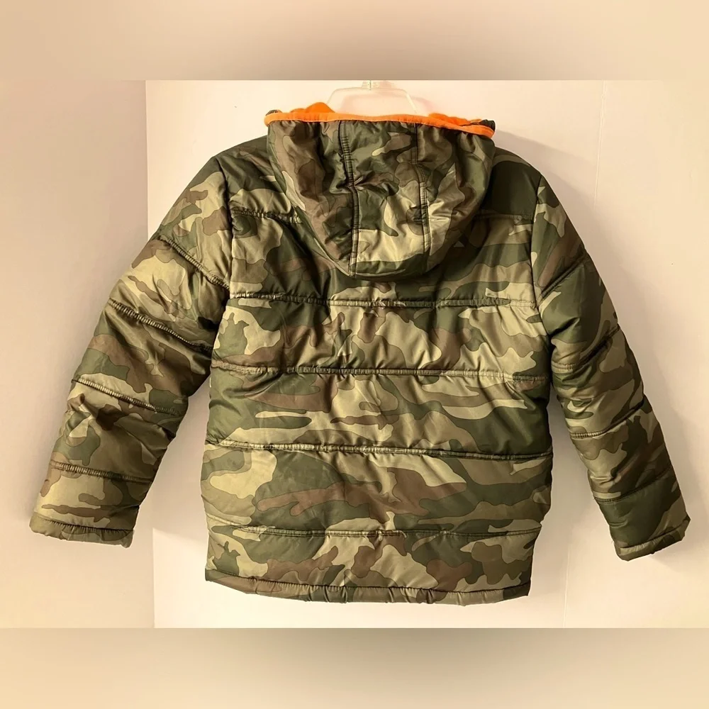 Boy’s Hooded Camo Cold Weather Puffer Coat, Large (10-12), Olive Green/Orange,
